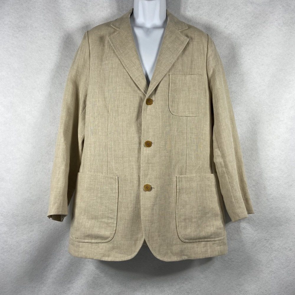 J.L. Powell Jacket Mens 42R Beige Blazer Sport Coat 100% Linen Elbow Patch